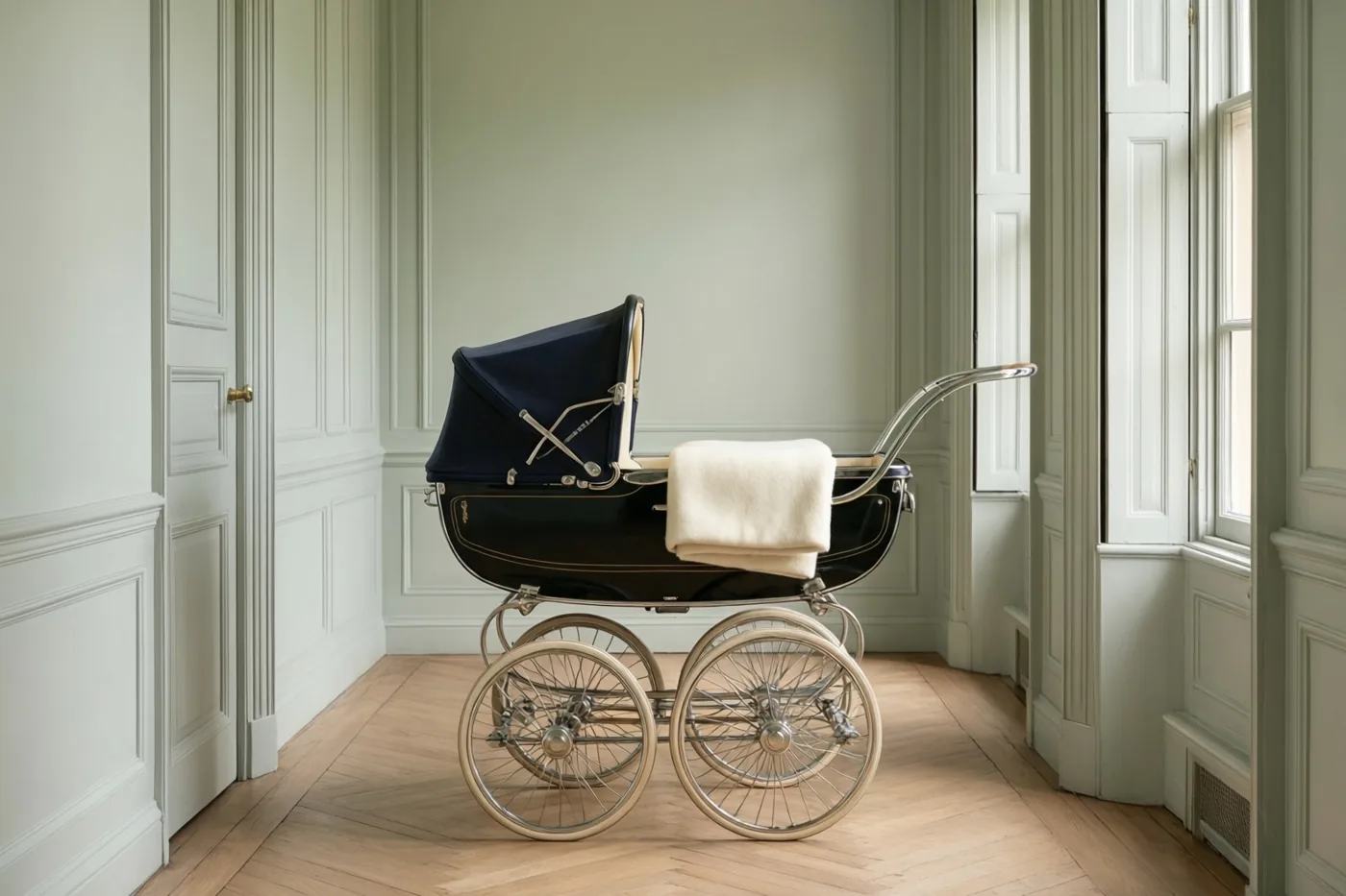 Een klassieke kinderwagen met donkerblauwe kap en ivoorkleurig wollen deken staat in een hal met lichtgroene muren en een houten visgraatvloer, verlicht door een raam.