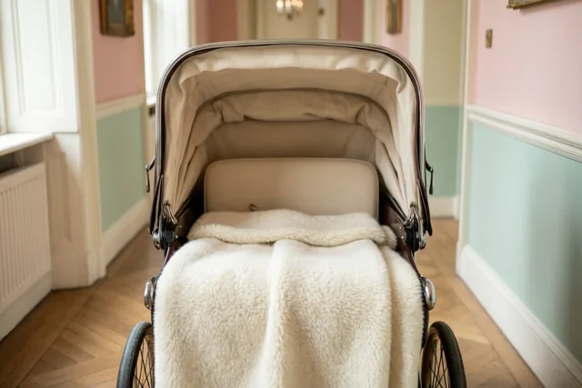 Een klassieke kinderwagen met een ivoorkleurig wollen deken staat in een elegante hal met roze en mintgroene muren.