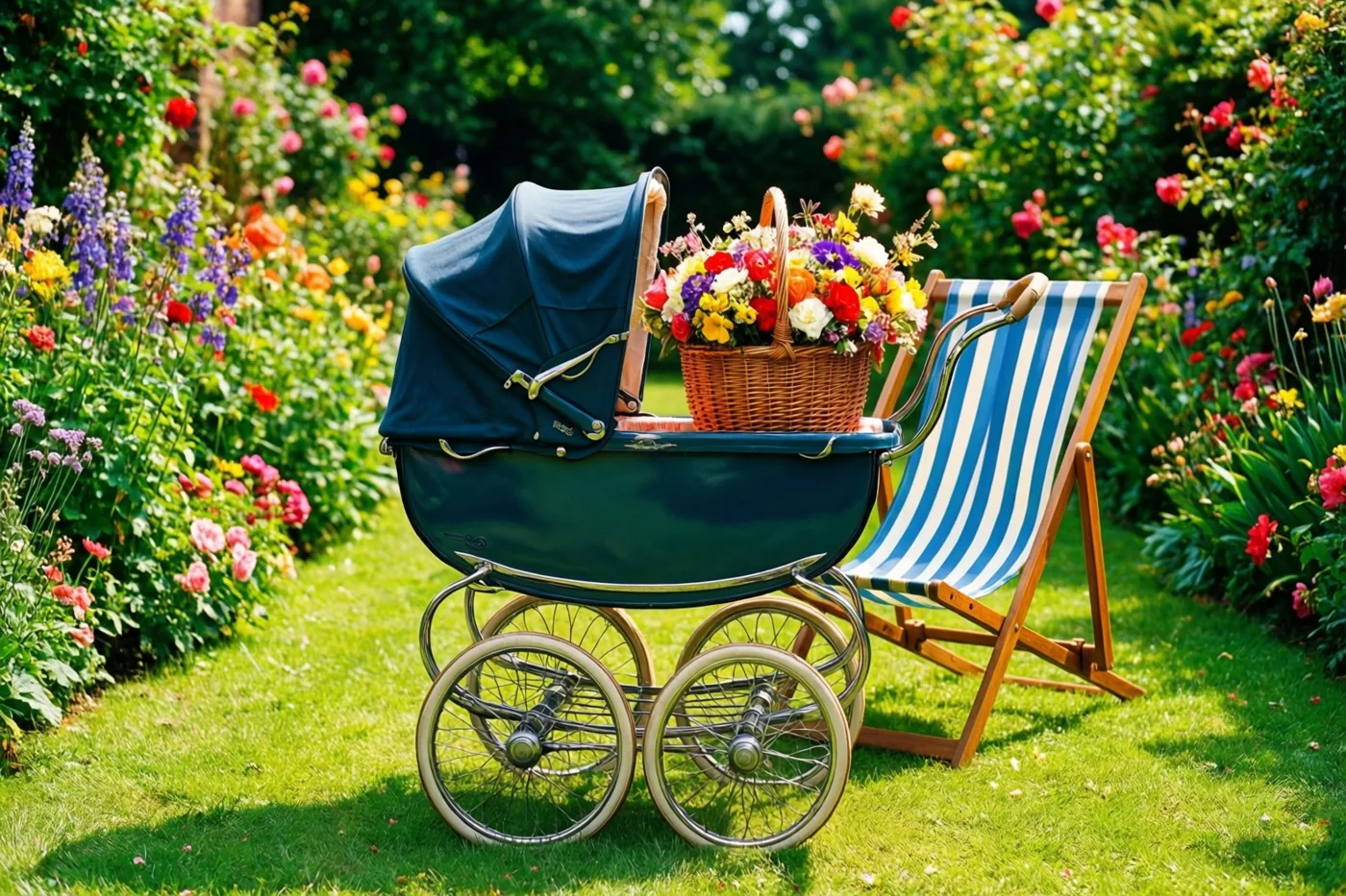 Een oude donkerblauwe kinderwagen met een rieten mand vol kleurrijke bloemen staat naast een blauw-wit gestreepte ligstoel in een zonnige tuin met bloeiende planten.