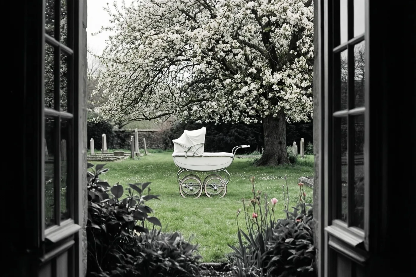 Door een open raam is een witte kinderwagen onder een bloesemboom op een grasveld op een kerkhof te zien, met witte bloesems en een monochrome omgeving.