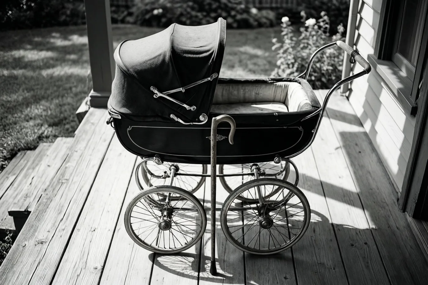 Een oude kinderwagen met kap en metalen onderstel staat op een houten veranda met een houten wandelstok ertegenaan, terwijl fel zonlicht scherpe schaduwen op de verweerde planken werpt.