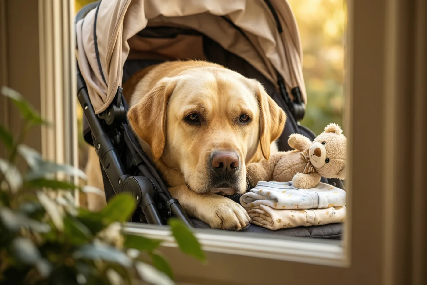 Door een raamkader is een goudkleurige labrador te zien die rustig vooruitkijkt vanuit een kinderwagen met opgevouwen babykleertjes en een teddybeer, met onscherp groen op de voorgrond.