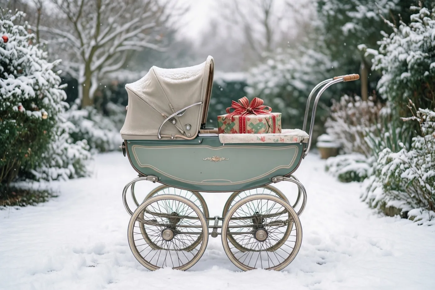 Een kinderwagen in vintagestijl met een ingepakt kerstcadeau staat in een besneeuwde tuin tussen met sneeuw bedekte struiken en bomen.