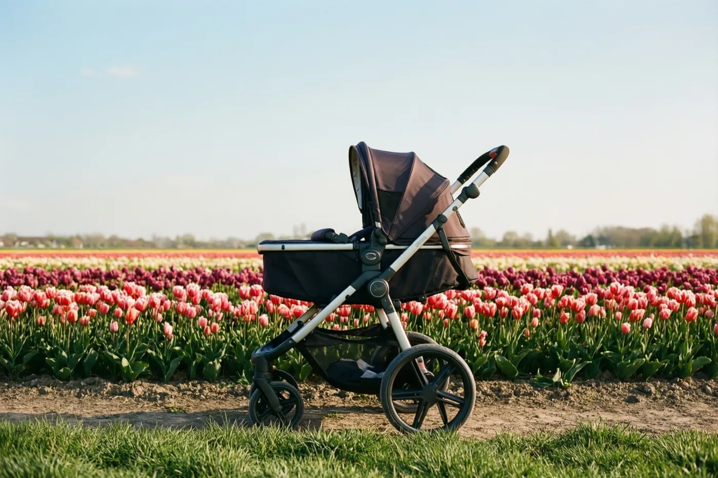 Een donkere kinderwagen staat op gras naast rijen bloeiende rode en roze tulpen onder een lichtblauwe lucht.