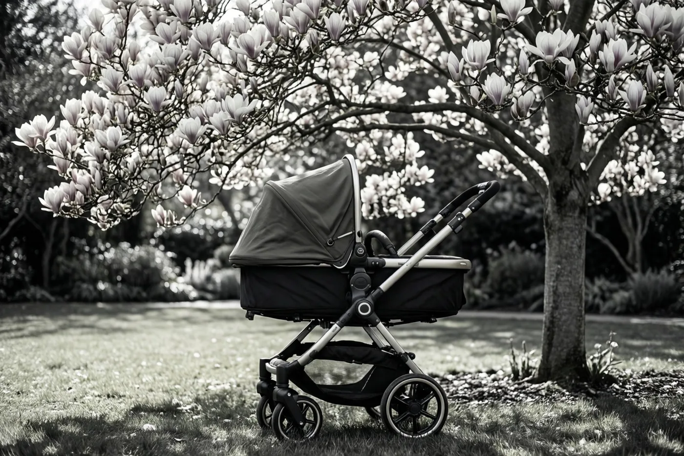 Een moderne kinderwagen staat op gras onder een bloeiende magnolia, in een monochroom beeld waarin alleen de bloemen kleur hebben.