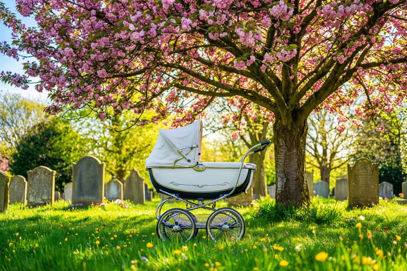 Een witte kinderwagen staat onder een grote boom met roze bloesems op een zonnig grasveld op een kerkhof, tussen verspreide wilde bloemen.