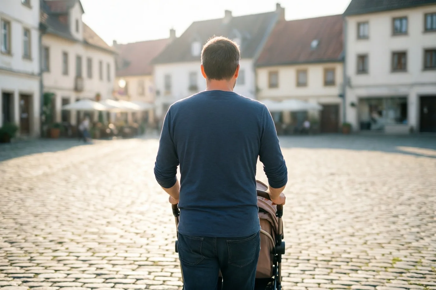 Een man duwt, van achteren gezien, een kinderwagen over een dorpsplein met kasseien en gebouwen rondom, in warm ochtendlicht met blauwe, beige en bruine tinten.