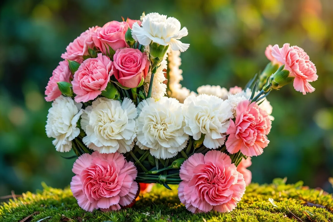 Een kinderwagen van witte anjers en roze rozen staat op groen mos, met een onscherpe groene natuurachtergrond.