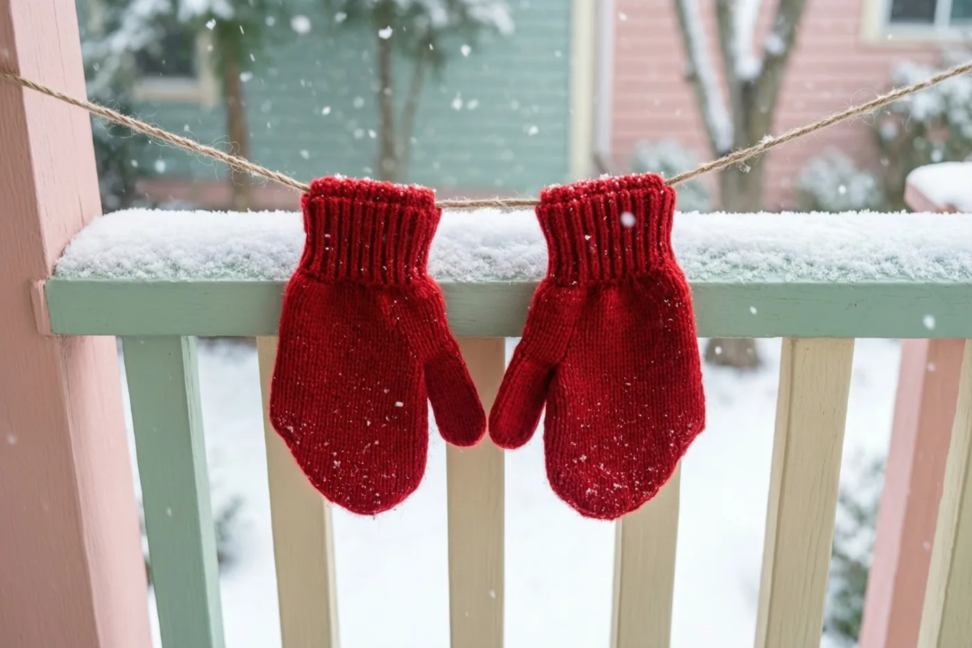 Twee rode gebreide kinderwanten hangen aan een koord bij een besneeuwde, pastelkleurige verandaleuning terwijl het zacht sneeuwt.
