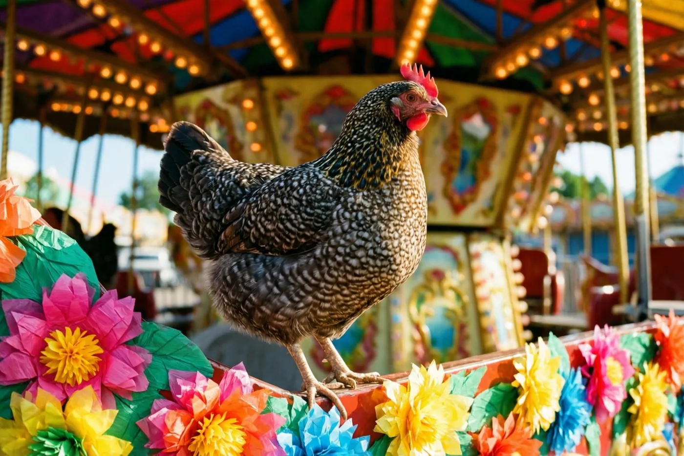 Een gespikkelde kip staat op de rand van een carnavalswagen met felle papieren bloemen, met een kleurrijke verlichte draaimolen op de achtergrond.