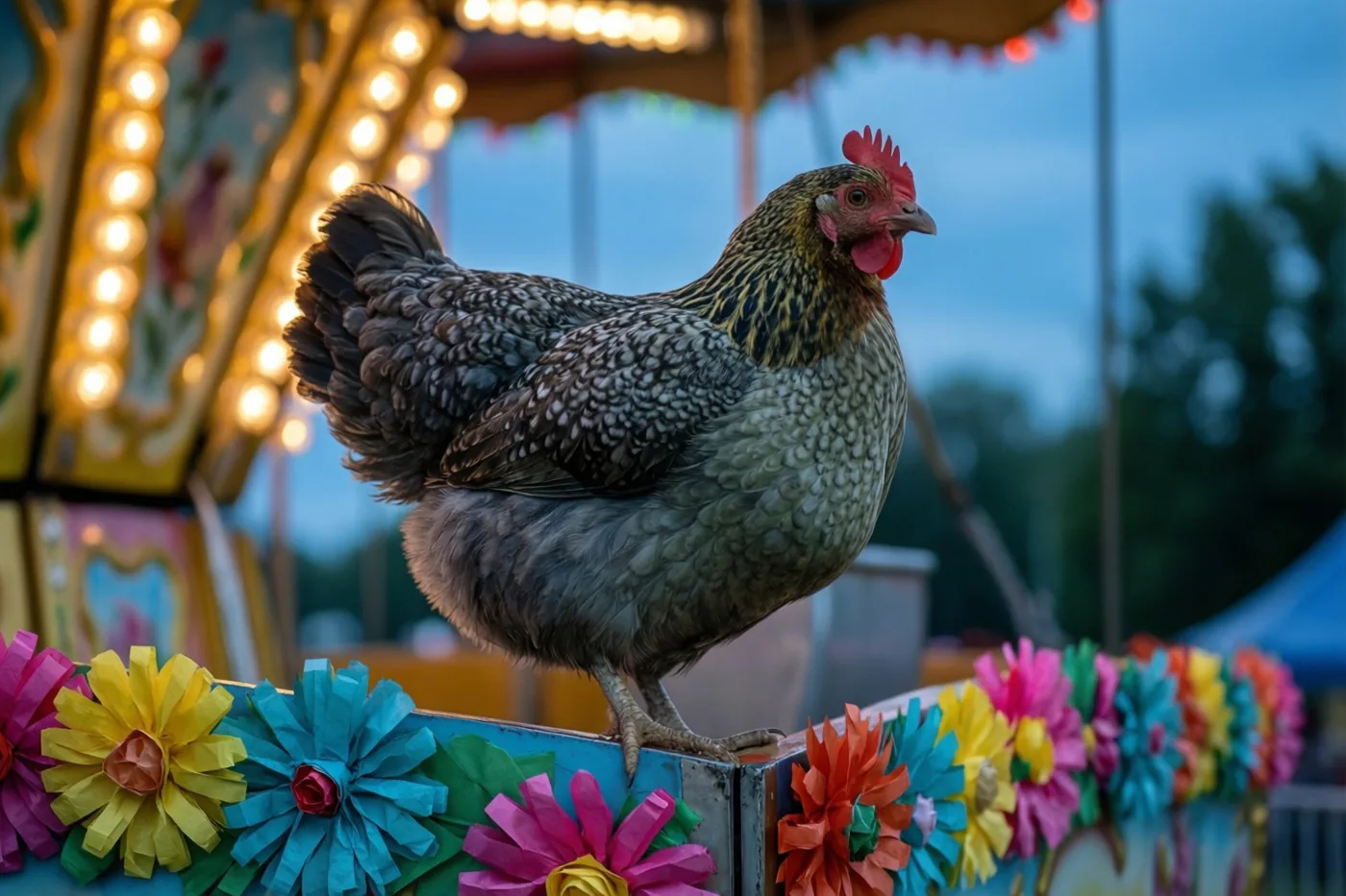 Een gespikkelde kip staat op de rand van een carnavalswagen met felle papieren bloemen, met een wazige verlichte draaimolen tegen de schemerlucht op de achtergrond.