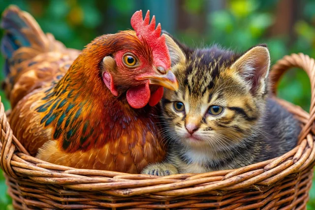 Kip en kitten, knusse vrienden