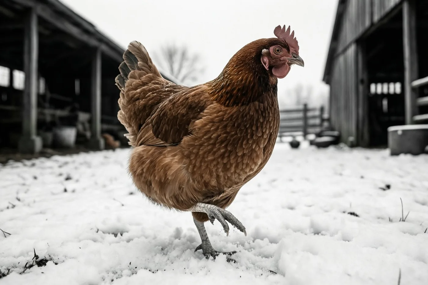 Een bruine kip stapt voorzichtig met één poot omhoog door verse sneeuw op een boerenerf met schuren onder een bewolkte hemel.