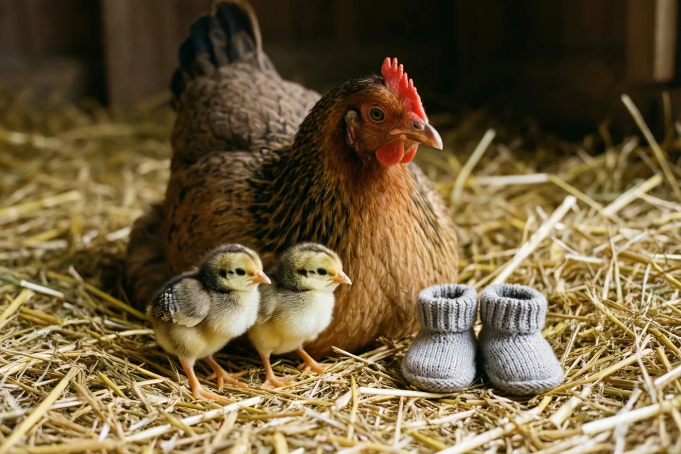 Een moederkip met twee kleine kuikens staat op stro naast grijze gebreide babyslofjes in een rustieke schuur met warm licht.