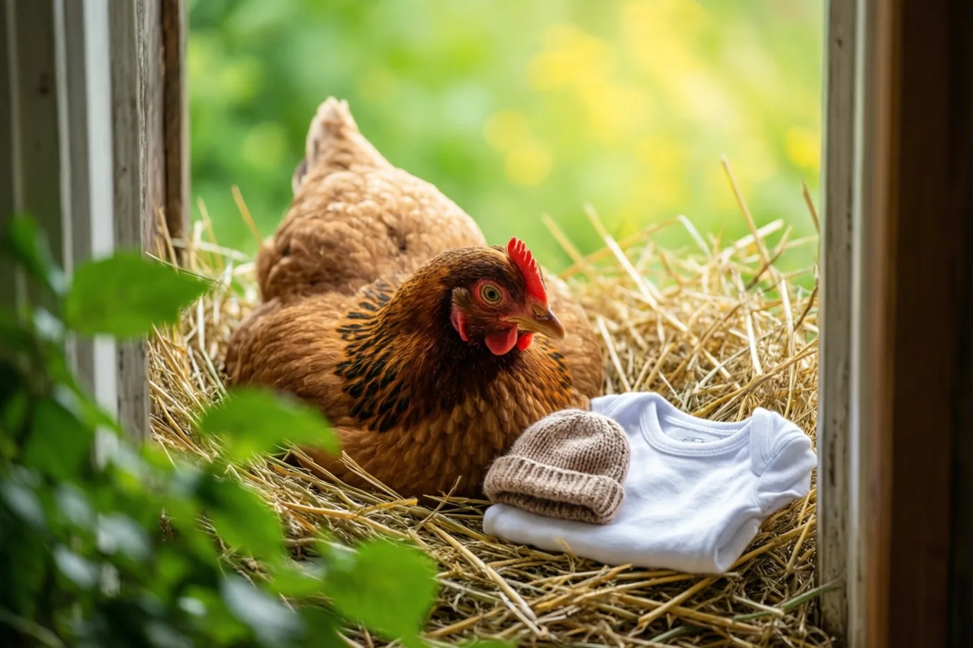 Een bruine kip zit in stro op een vensterbank naast een klein gebreid babymutsje en een opgevouwen wit babyrompertje, omringd door houten raamkozijnen en groen.
