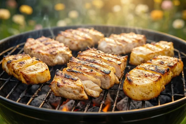 Stukken kip liggen te grillen op een ronde houtskoolbarbecue in een zonnige tuin met groen op de achtergrond.
