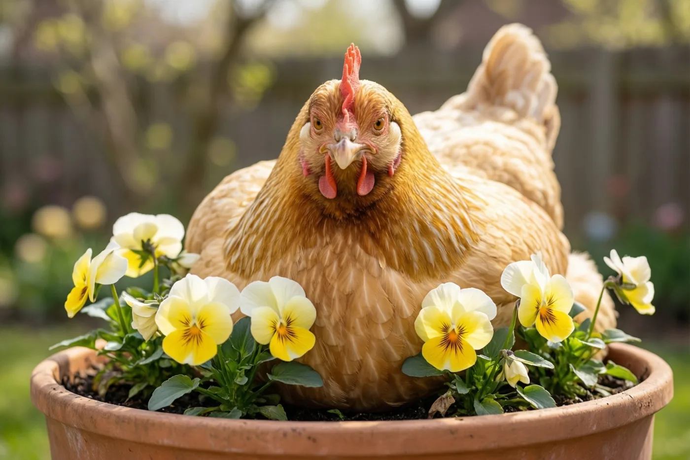 Een dikke bruine hen zit in een grote terracotta bloempot tussen gele en witte viooltjes op een zonnig terras, met een wazige tuin op de achtergrond.