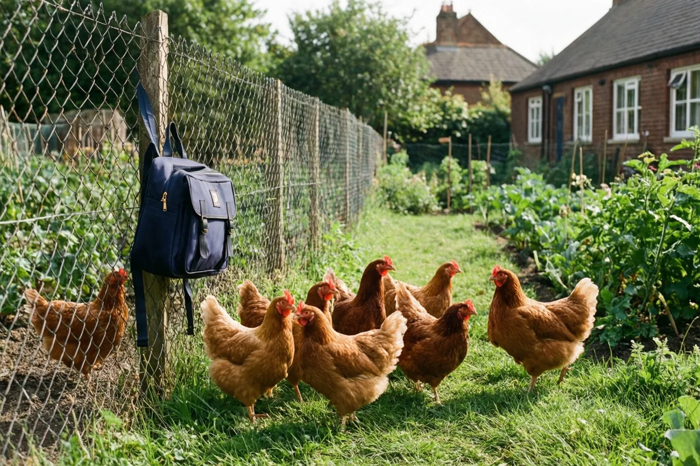 Bruine kippen lopen vrij rond in een groene schooltuin met een donkerblauwe boekentas aan een draadhek en een bakstenen schoolgebouw onder een heldere, zonnige hemel.