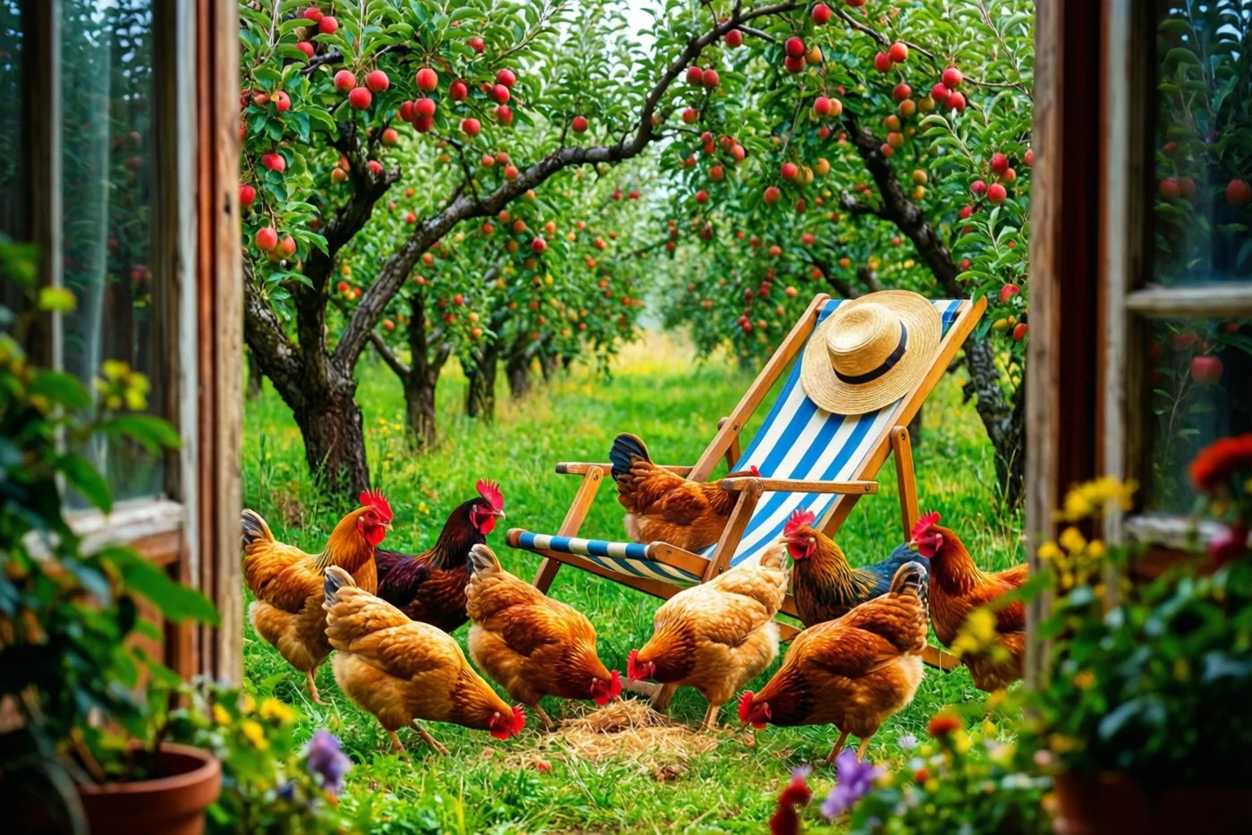 Door een raam met een houten kozijn zijn kippen te zien die rond een blauwwit gestreepte ligstoel met strohoed pikken in een groene appelboomgaard.