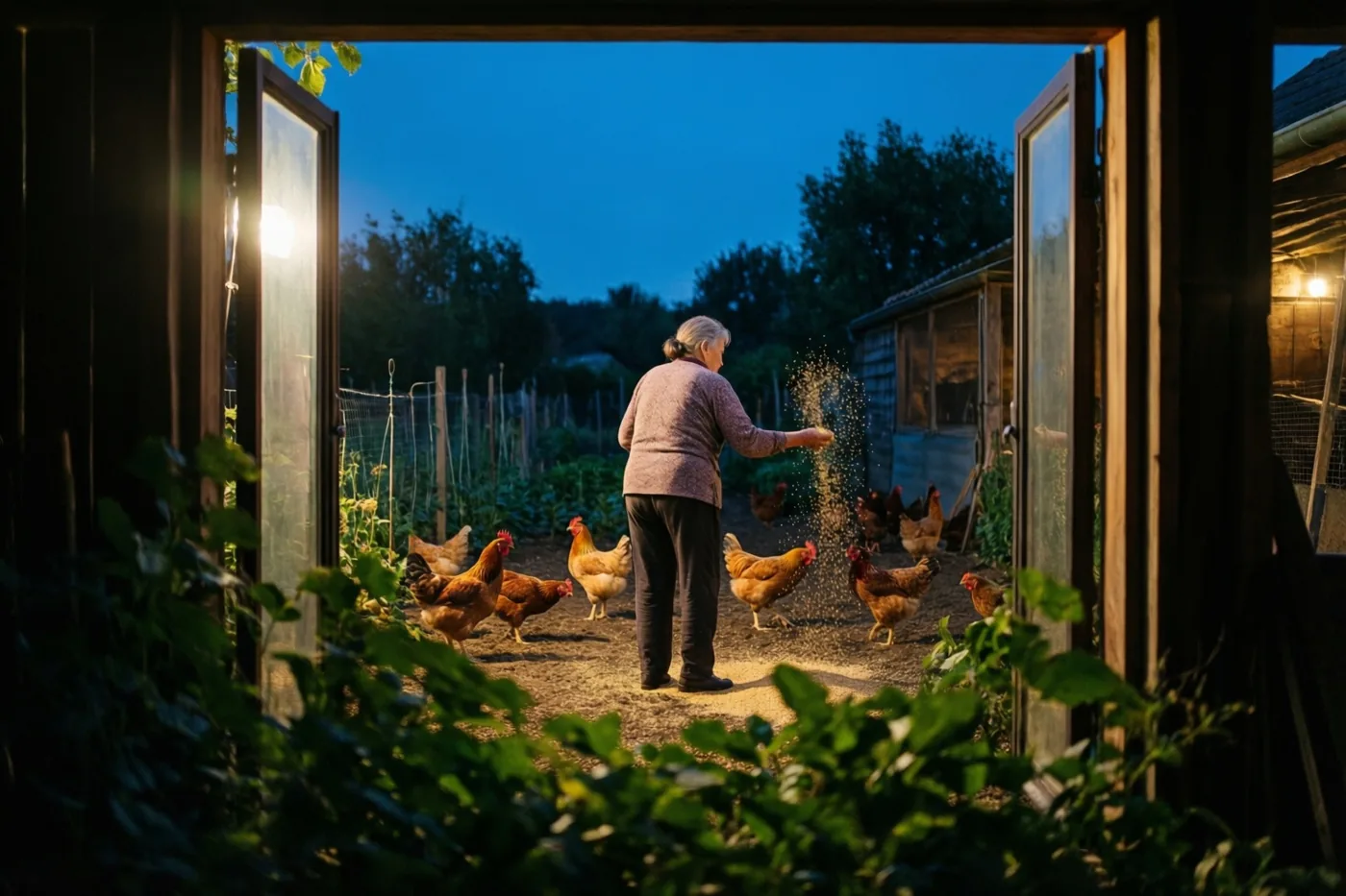 Door een open deuropening is een oudere vrouw van achteren te zien die graan strooit voor kippen in een boerderijtuin bij schemering, met warm binnenlicht en een diepblauwe lucht.