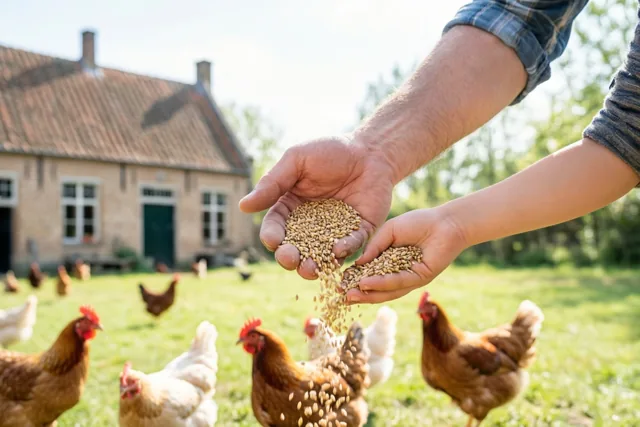 Een volwassen hand en een kinderhand strooien graan voor kippen op een erf met gras, met een traditionele Vlaamse hoeve op de achtergrond in helder daglicht.