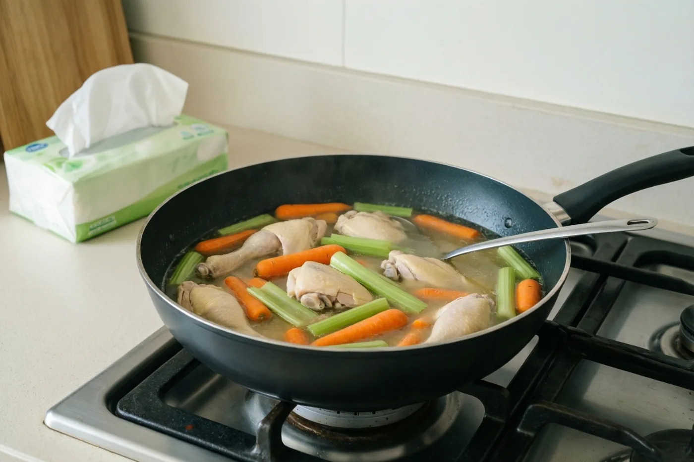 Een zwarte braadpan met pruttelende kippensoep, wortelen, selder en een metalen pollepel staat op een gasfornuis, met een groen-witte doos zakdoekjes op het lichte aanrecht erachter.