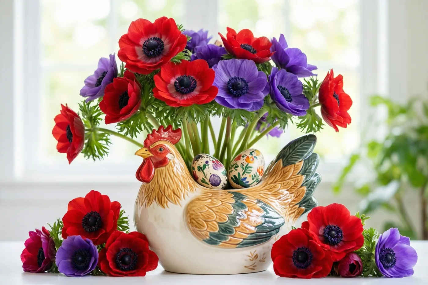 Een keramieken vaas in de vorm van een kip bevat rode en paarse anemonen en beschilderde eieren, met losse bloemen op een witte ondergrond en daglicht van een raam op de achtergrond.