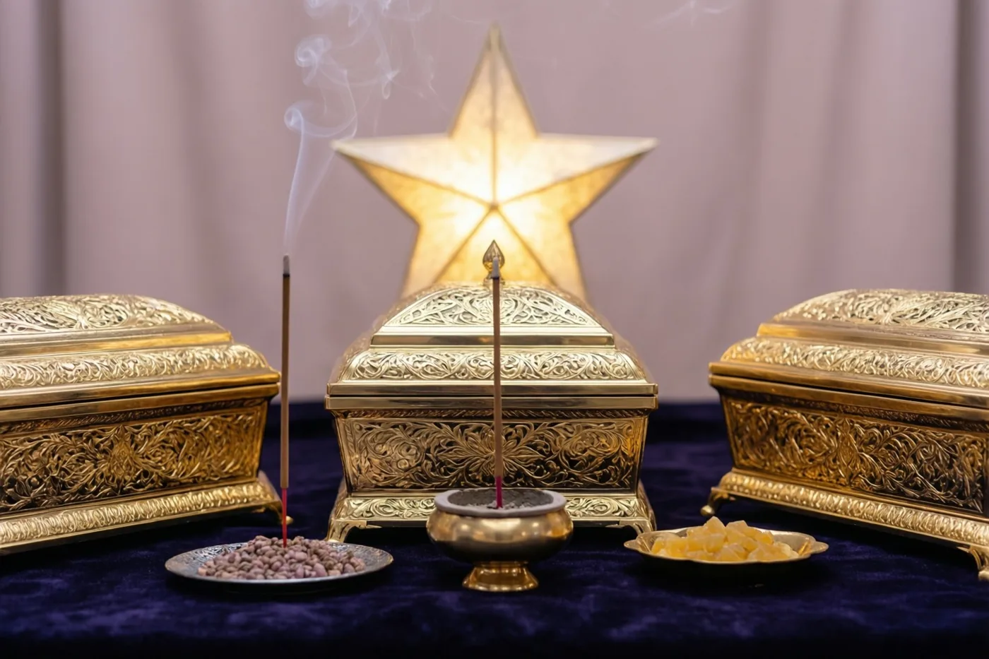 Drie versierde gouden kistjes staan op donker fluweel, met wierookstokjes en kleine offerschaaltjes ervoor en een lichtgevende ster achter het middelste kistje.