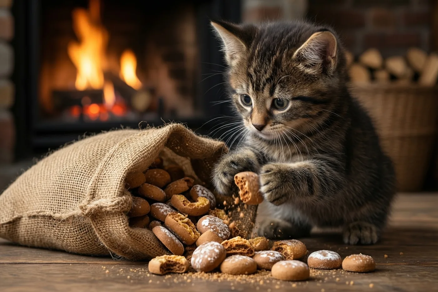 Een klein tijgerkitten speelt met pepernoten die uit een jutezak op een houten vloer zijn gevallen, met een brandende haard op de achtergrond.