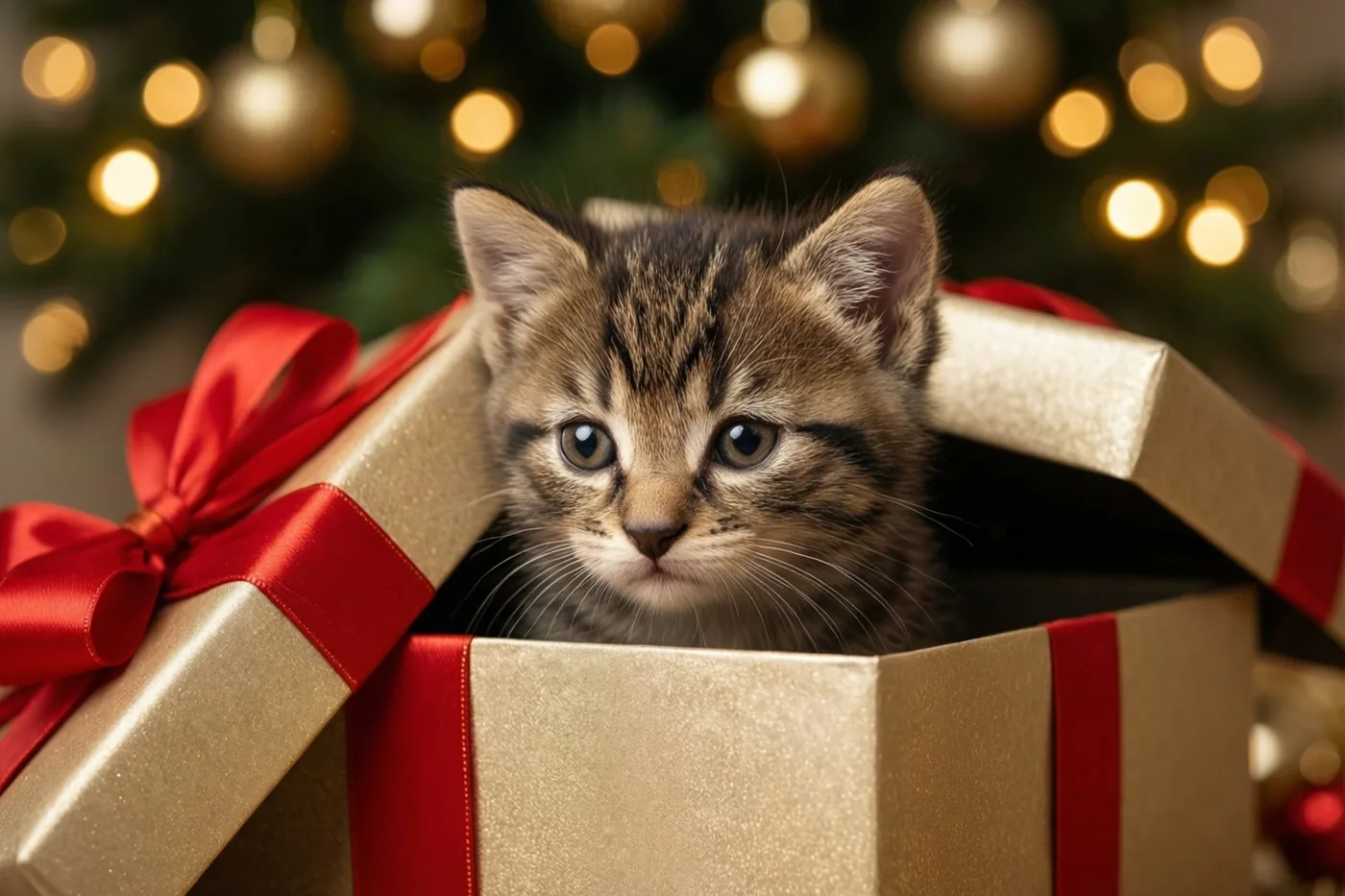 Een tijgerkitten gluurt uit een open kerstcadeau met goudkleurig papier en een rode strik, met een verlichte kerstboom met gouden versiering wazig op de achtergrond.