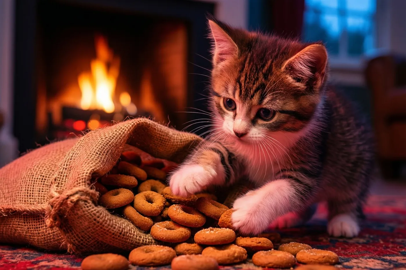 Een tijgerkitten met witte pootjes speelt met pepernoten uit een jutezak op een tapijt met een patroon, met een brandende haard op de achtergrond.