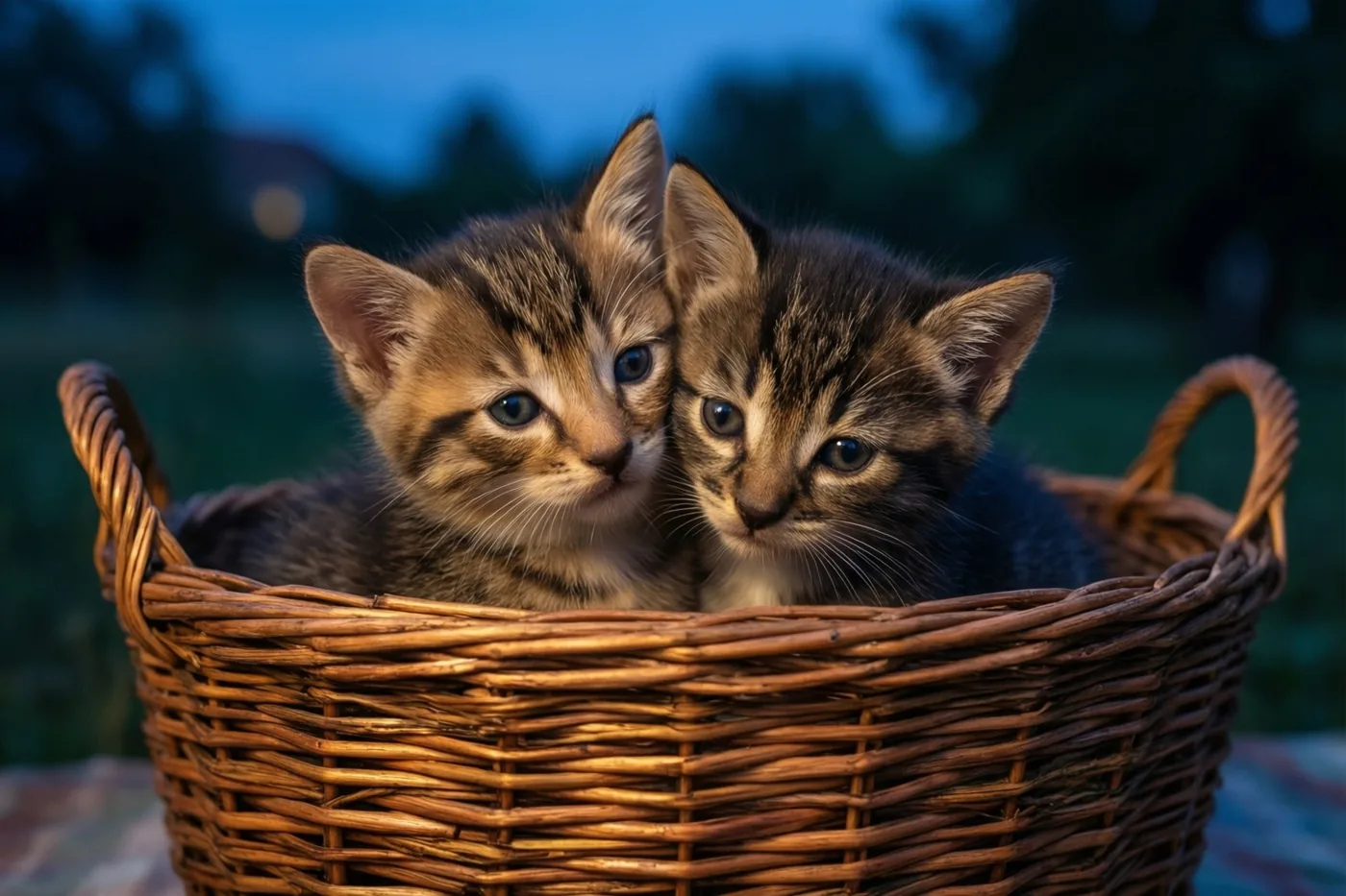 Twee gestreepte kittens zitten dicht tegen elkaar in een rieten mand en kijken naar de kijker, buiten bij schemering met een blauwe lucht en wazig groen op de achtergrond.