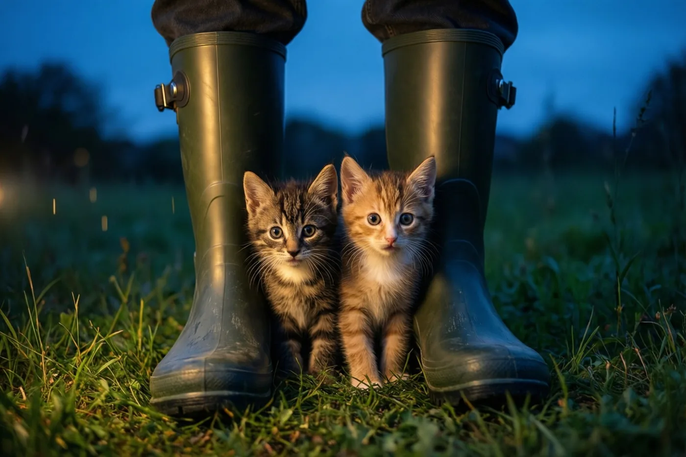 Twee kleine kittens zitten bij schemering tussen groene rubberlaarzen op het gras, met warm licht op hun snoetjes en zachte blauwe en groene tinten rondom hen.