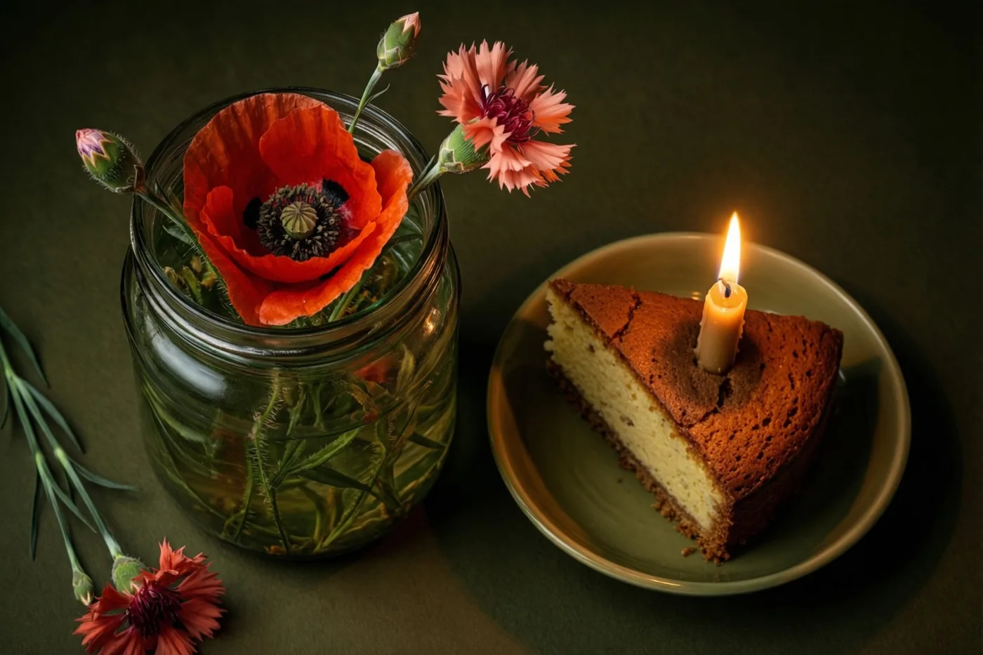 Een glazen pot met rode klaprozen en roze korenbloemen staat naast een stuk taart met een brandend kaarsje op een bord, tegen een donkergroene achtergrond in zacht, warm licht.