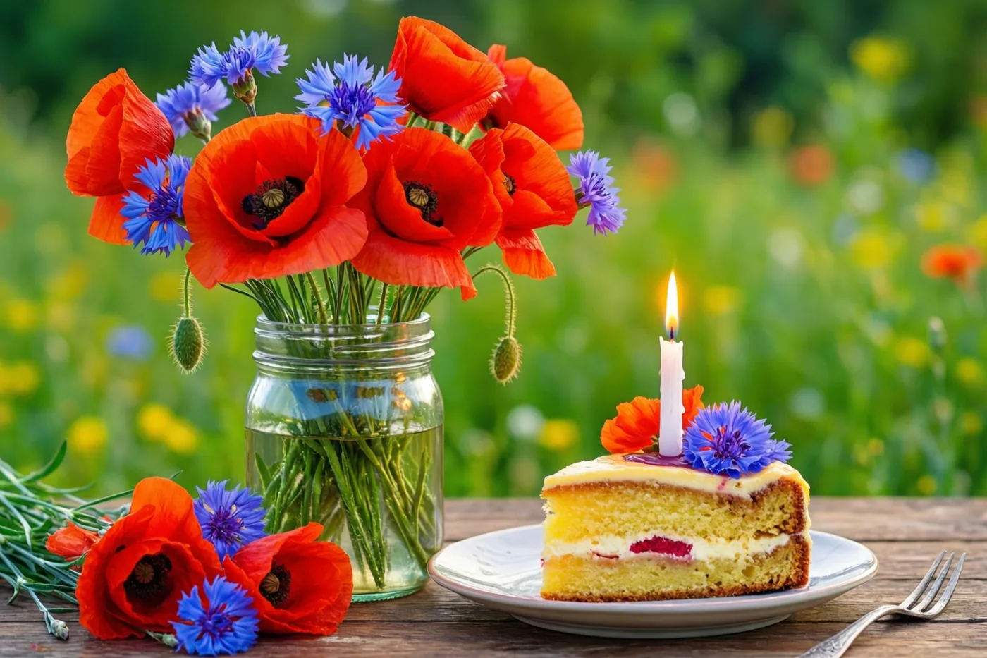 Een stuk taart met een brandend kaarsje staat op een bord naast een glazen pot met rode klaprozen en blauwe korenbloemen, op een houten buitentafel met een onscherpe groene weide op de achtergrond.