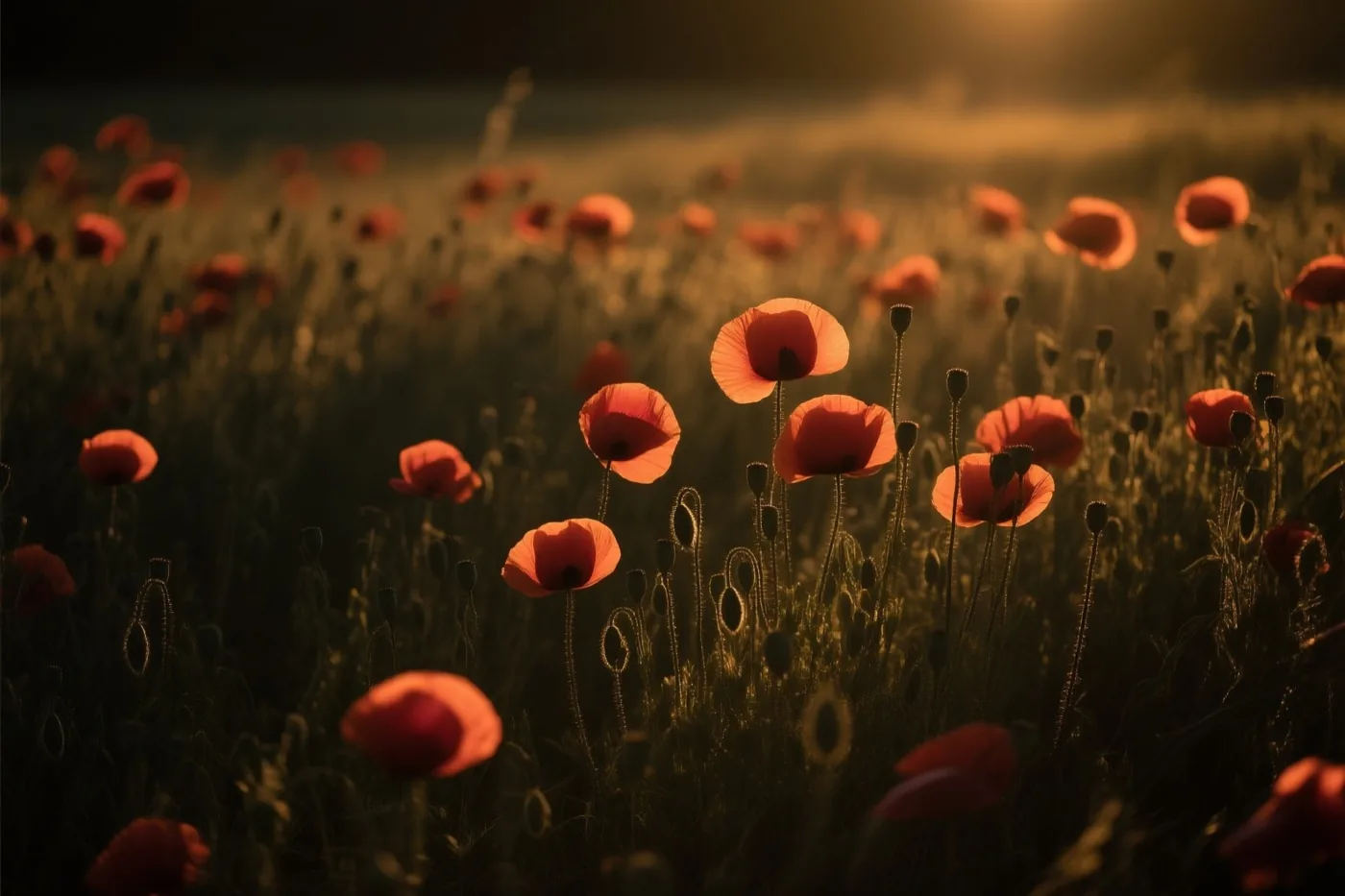 Een veld rode klaprozen ligt in warm goudkleurig licht, met enkele bloemen scherp in beeld en andere vaag op de achtergrond.