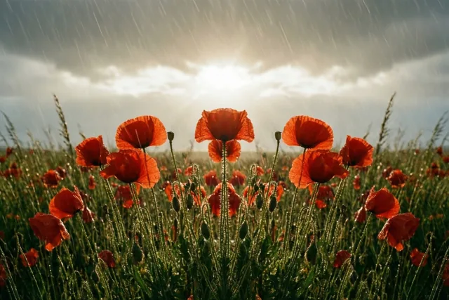 Rode klaprozen staan rechtop in een groen veld onder grijze wolken en vallende regen, terwijl de zon doorbreekt.