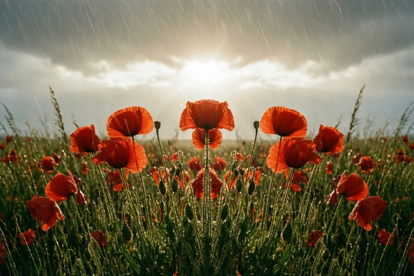 Rode klaprozen staan rechtop in een groen veld onder grijze wolken en vallende regen, terwijl de zon doorbreekt.