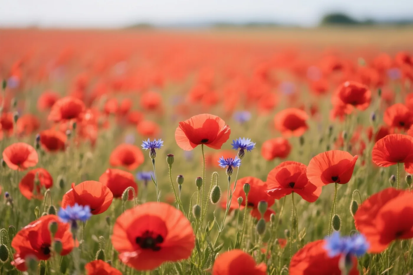 Rode klaprozen en enkele blauwe korenbloemen groeien in een zonnige weide onder een bleke hemel.
