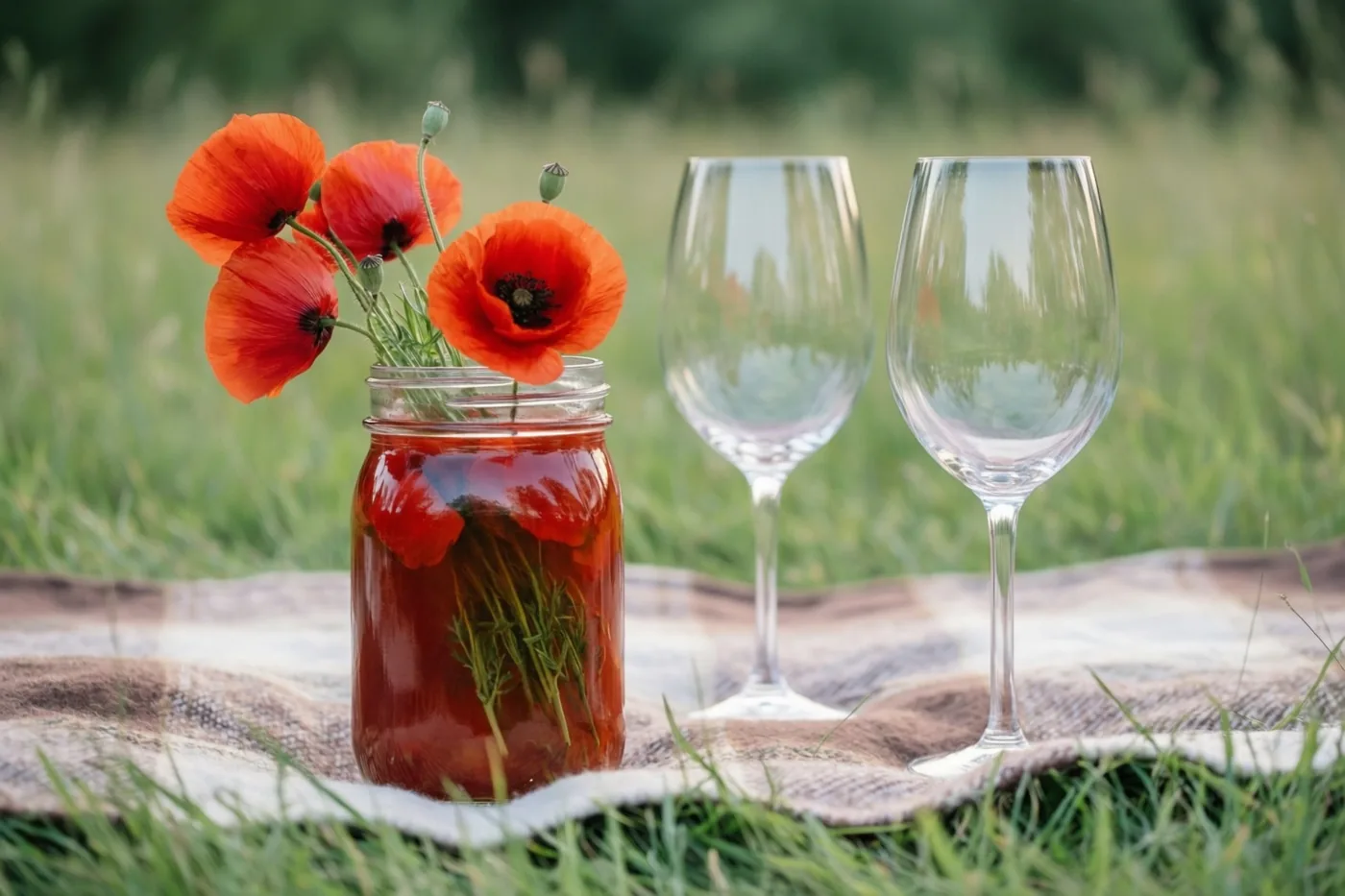 Een glazen pot met rode klaprozen en vloeistof staat naast twee lege wijnglazen op een picknickdeken met motief in een grasveld.