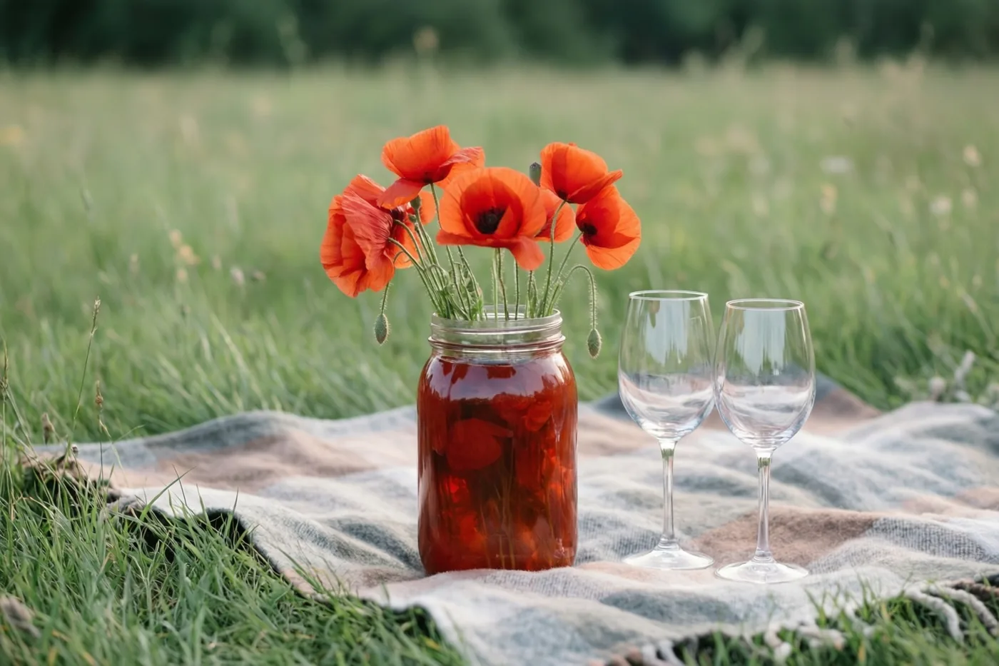 Een glazen pot met rode klaprozen staat met twee lege wijnglazen op een picknickdeken met motief in een zacht verlicht grasveld.