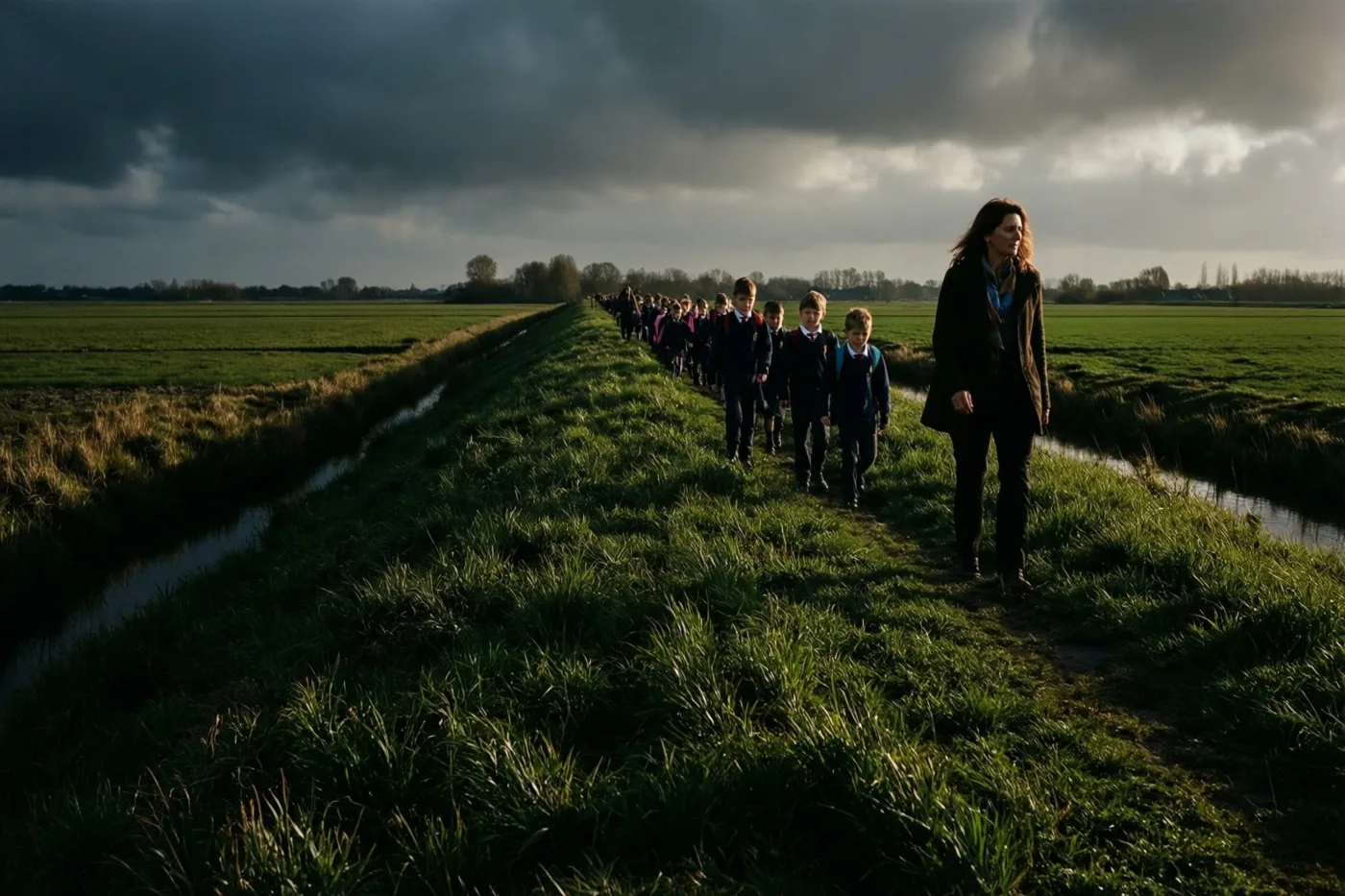 Een leerkracht loopt naast een rij leerlingen over een grazige dijk tussen poldervelden onder een donkere, indrukwekkende wolkenlucht.