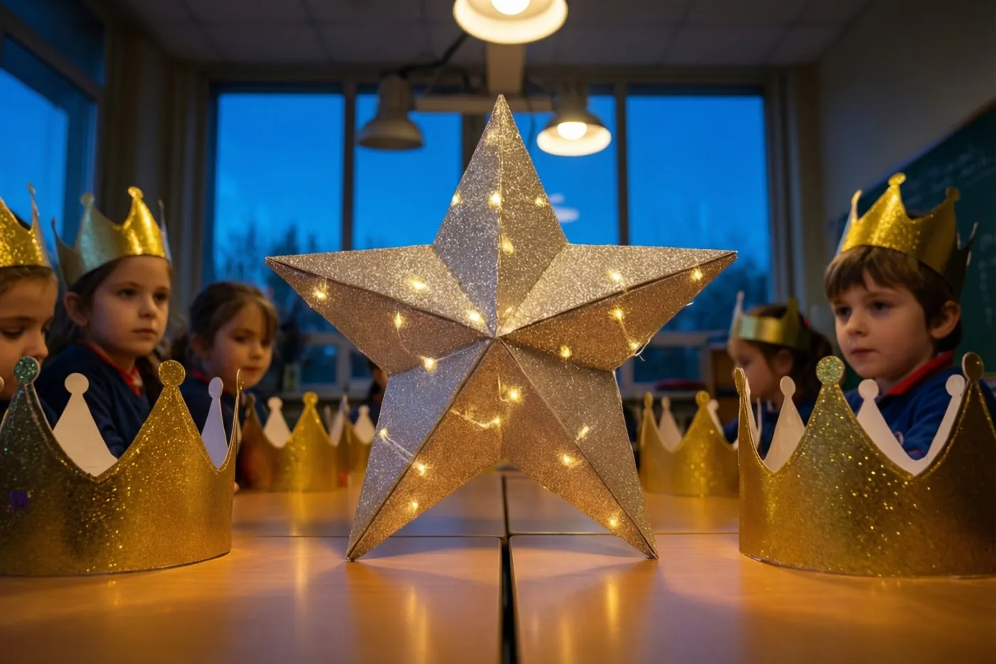 Kinderen met papieren kronen zitten in een klas rond een grote glinsterende papieren ster met lichtjes, met de schemering achter de ramen.