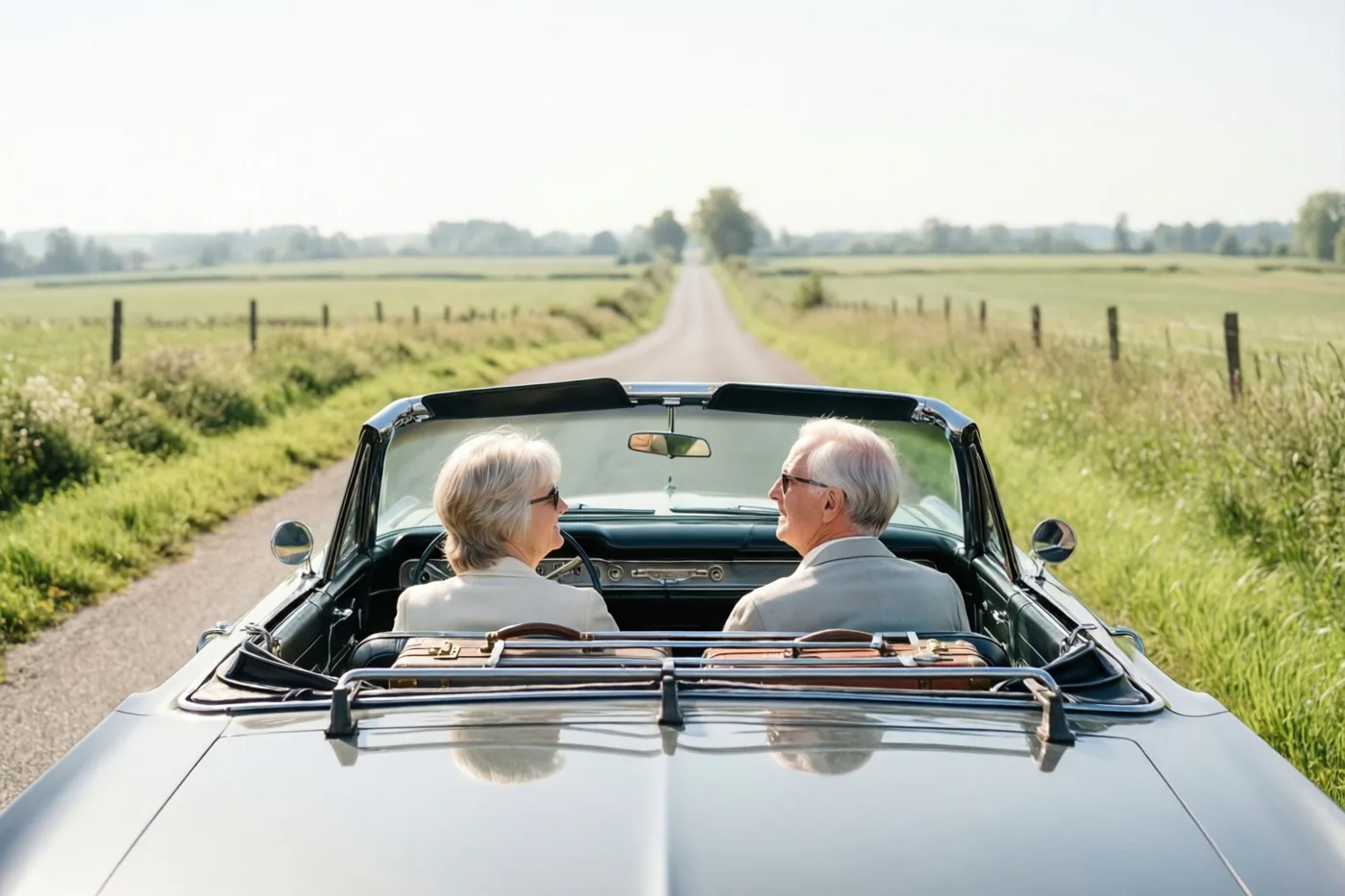 Een ouder koppel rijdt van achteren gezien in een klassieke cabriolet uit de jaren zestig over een rechte landweg tussen groene velden, bij helder daglicht en een onbewolkte hemel.