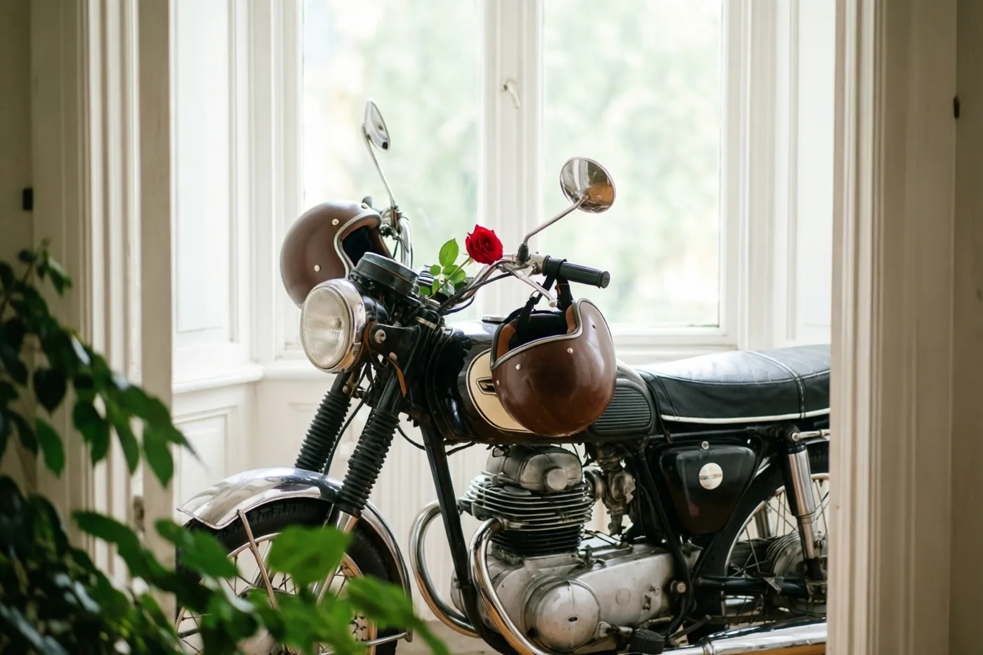 Een klassieke motor uit de jaren zestig staat binnen bij een groot raam, met twee bruine leren helmen aan het stuur en een rode roos, in zacht daglicht.