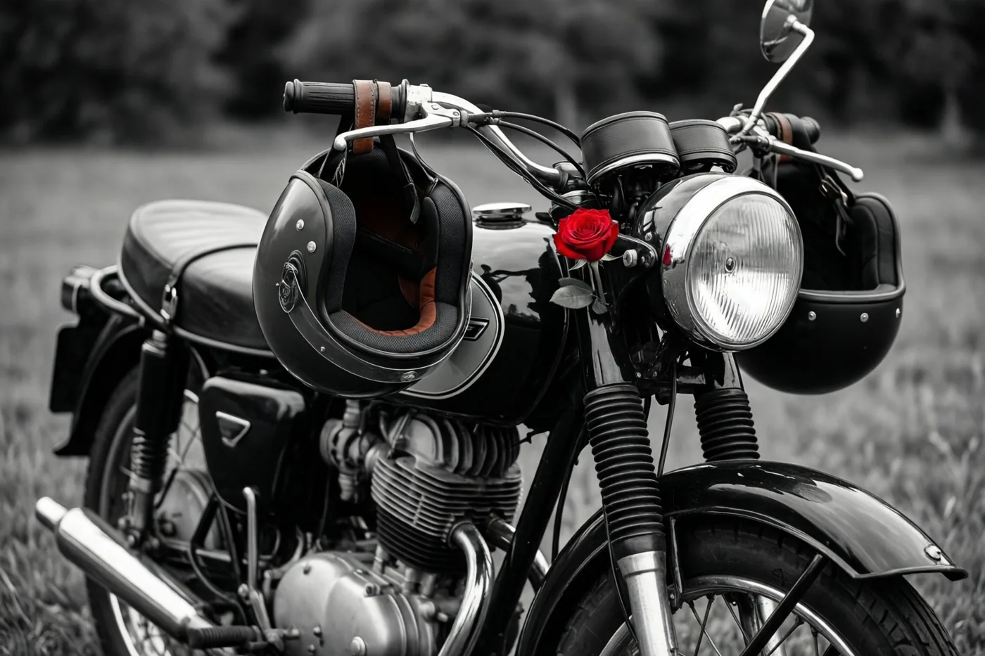 Een klassieke motor uit de jaren zestig is in zwart-wit afgebeeld met een rode roos bij de koplamp en twee oude leren helmen aan het stuur.
