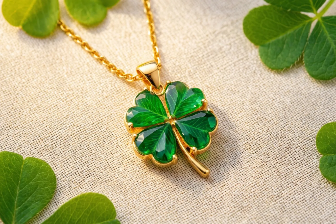 Een gouden ketting met een klavertjevierhanger ligt op beige linnen tussen echte groene klaverblaadjes.