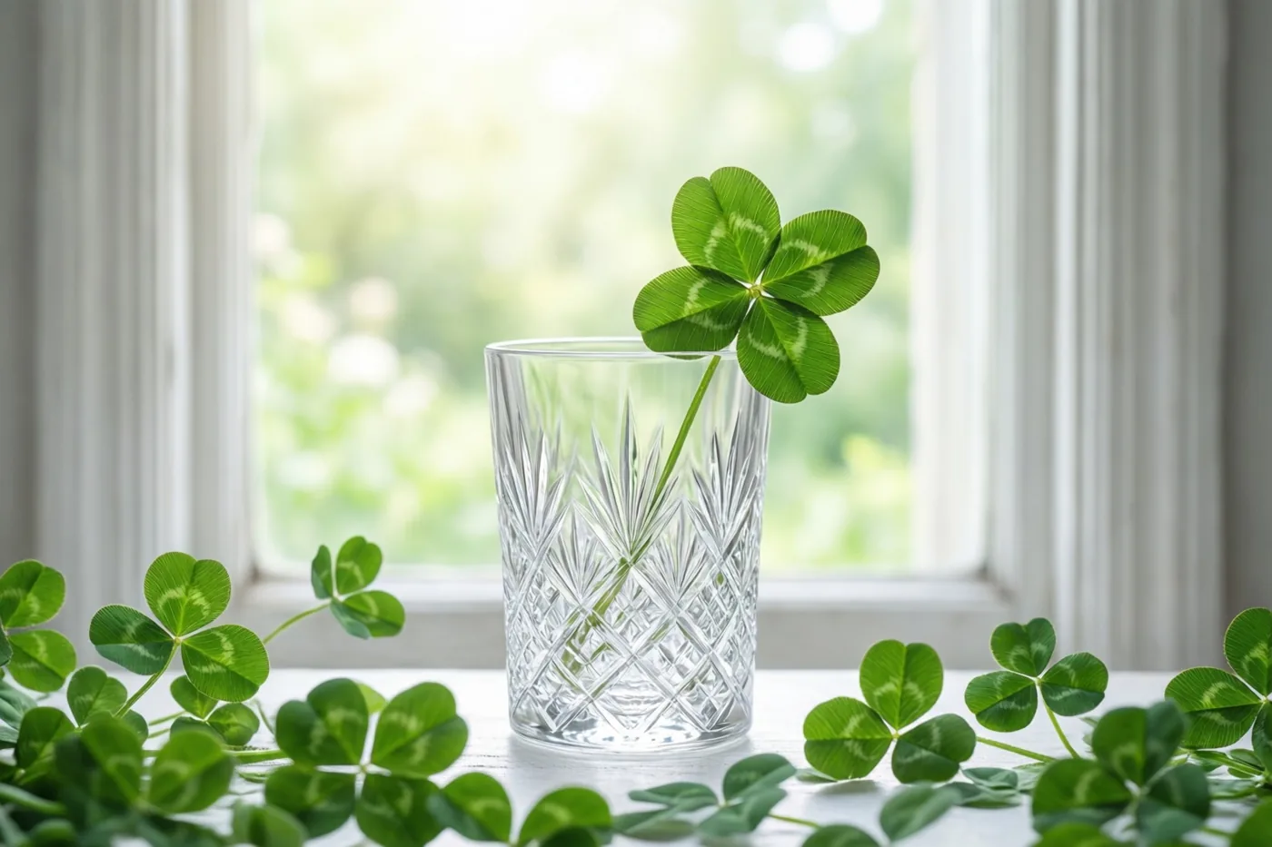 Een takje klavertje vier staat in een kristallen glas met diamantpatroon op een wit oppervlak bij een raam, met groene klaverblaadjes rondom in zacht daglicht.