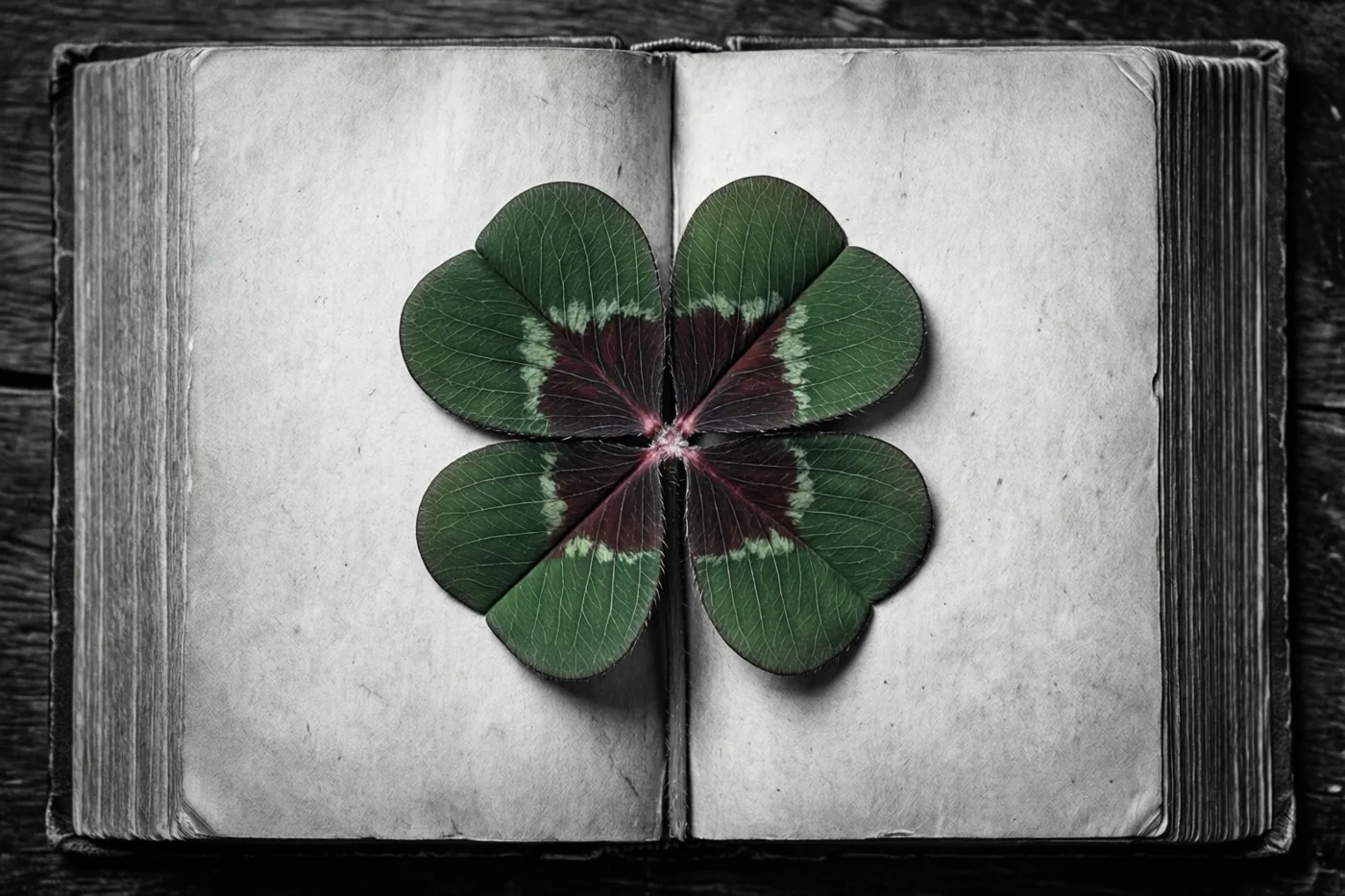 Een klavertjevier met groene en bordeauxrode blaadjes ligt midden op de open bladzijden van een oud, verweerd boek tegen een donkerhouten ondergrond.