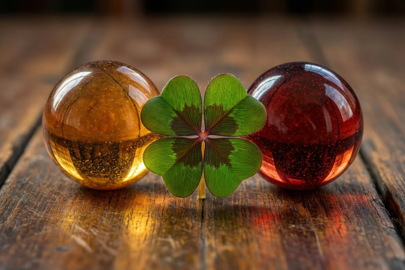 Een klavertjevier ligt tussen twee glazen knikkers op een verweerde houten tafel in warme groene, amberkleurige en donkerrode tinten.